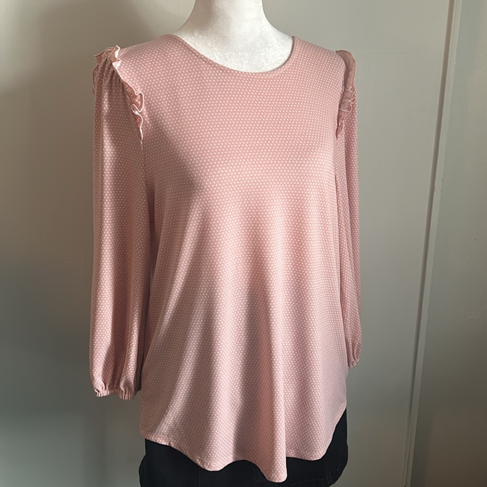 Adrianna Papell Feminine Long Sleeve Polka Dot Ruffled Shoulder Crewneck Blouse - Picture 7 of 7